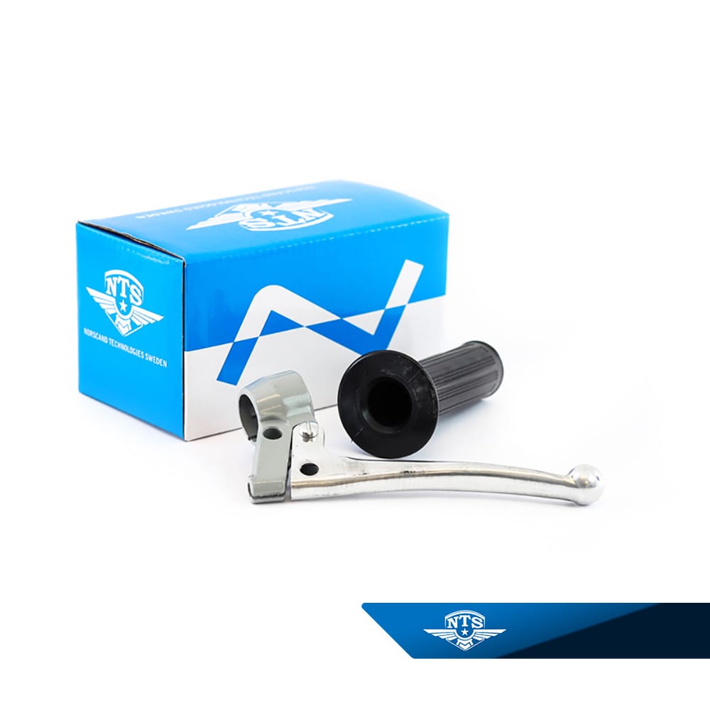 Kopplingshandtag komplett grå/svart. Arm pressad aluminium med kula