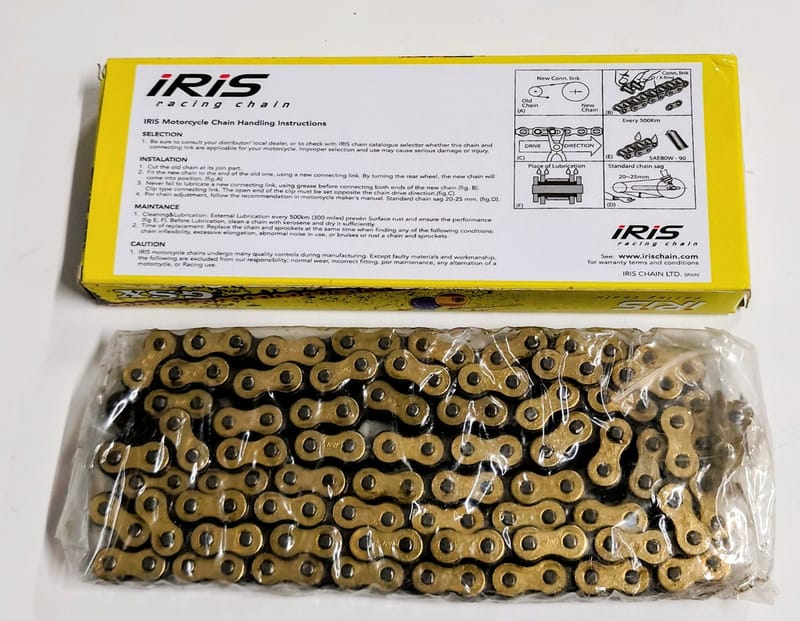 Kedja 420, guldeloxerad. 128 länkar. Hög kvalité.