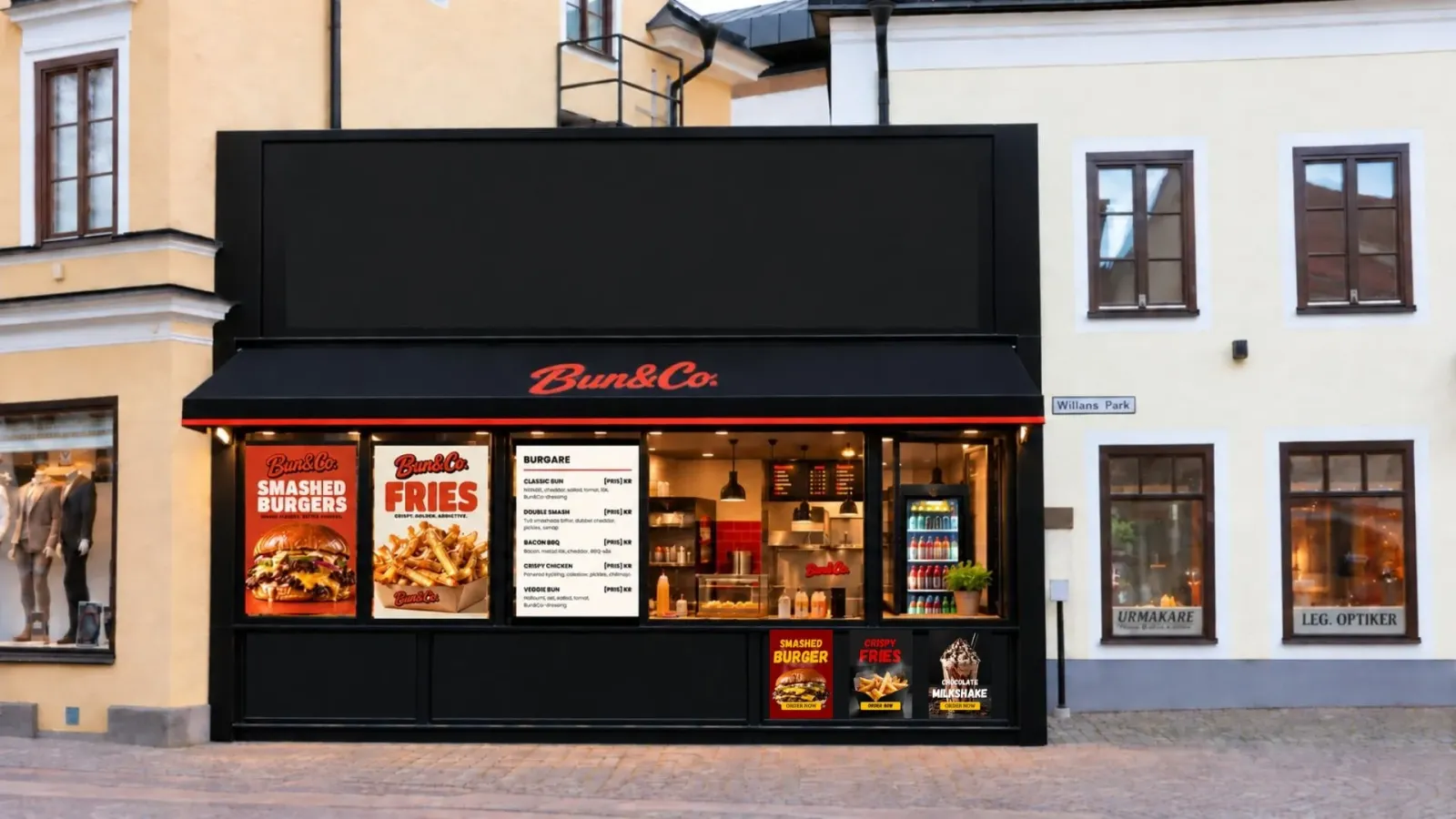 Bun & Co.:s kiosk vid Willans park med svart markis, menyskyltar och utsikt in i köket