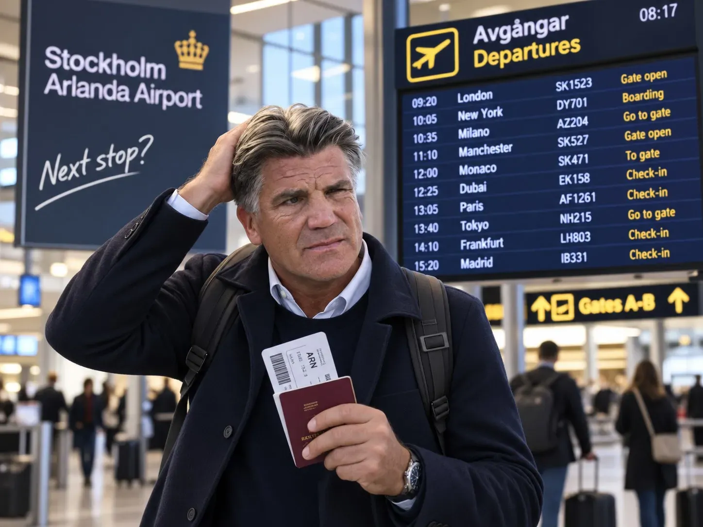 Bosse Andersson på Stockholm Arlanda framför avgångstavlan