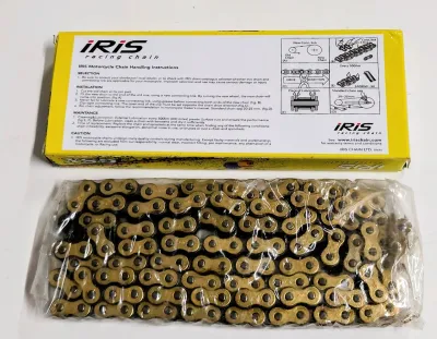 Kedja 420, guldeloxerad. 128 länkar. Hög kvalité.